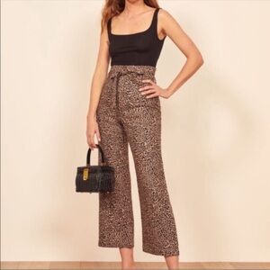REFORMATION Jackie Cropped Leopard Print Wide Leg High-Waisted Linen Pants